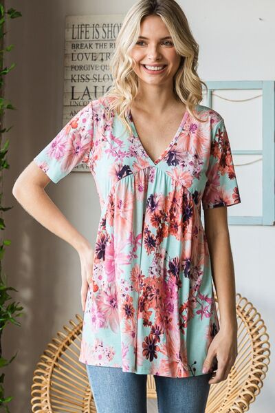 Heimish Floral V-Neck Babydoll Blouse - Full Size Short Sleeve Top MINT Blouses