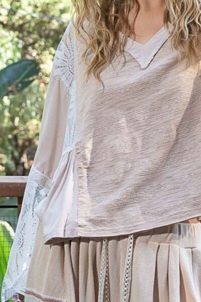 POL Lace Detail V-Neck Flare Sleeve Blouse Blouses