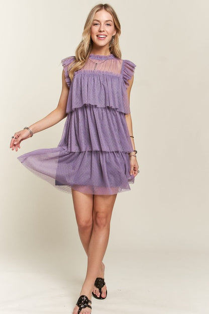 ADORA Layered Ruffled Cap Sleeve Mesh Dress Casual Dresses