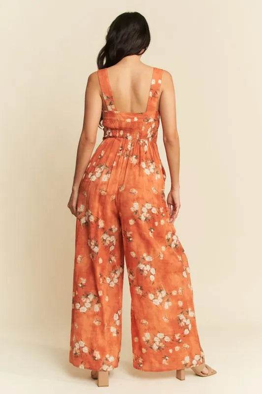 Davi & Dani Floral Ruffle Square Neck Smocking Bodice Jumpsuit - Shop Style & More | Fresh Looks, Everyday Deals & Free Shipping