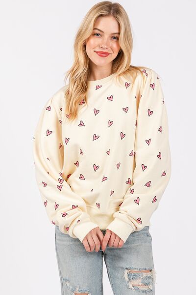 SAGE + FIG Heart Printed Contrast Long Sleeve Sweatshirt Hoodies & Sweaters