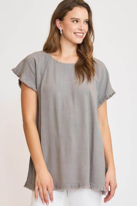 Umgee Full Size Seam Detail Linen Ruffle Fringe Edge Top Plus Size - Shop Style & More | Fresh Looks, Everyday Deals & Free Shipping