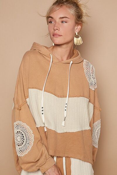 POL Openwork Contrast Dropped Shoulder Hoodie Wheat Hoodies & Sweaters