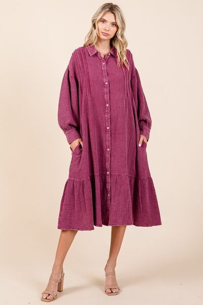 Mittoshop Mineral Wash Cotton Gauze Ruffle Midi Shirt Dress Casual Dresses