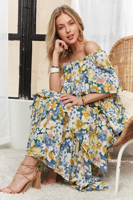 ADORA Layered Floral Off-Shoulder Short Sleeve Maxi Dress NAVY Casual Dresses