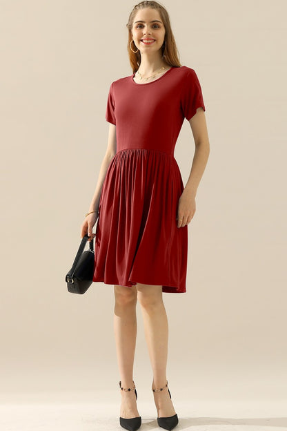 Ninexis Full Size Round Neck Ruched Dress with Pockets BURGUNDY Cocktail Dresses