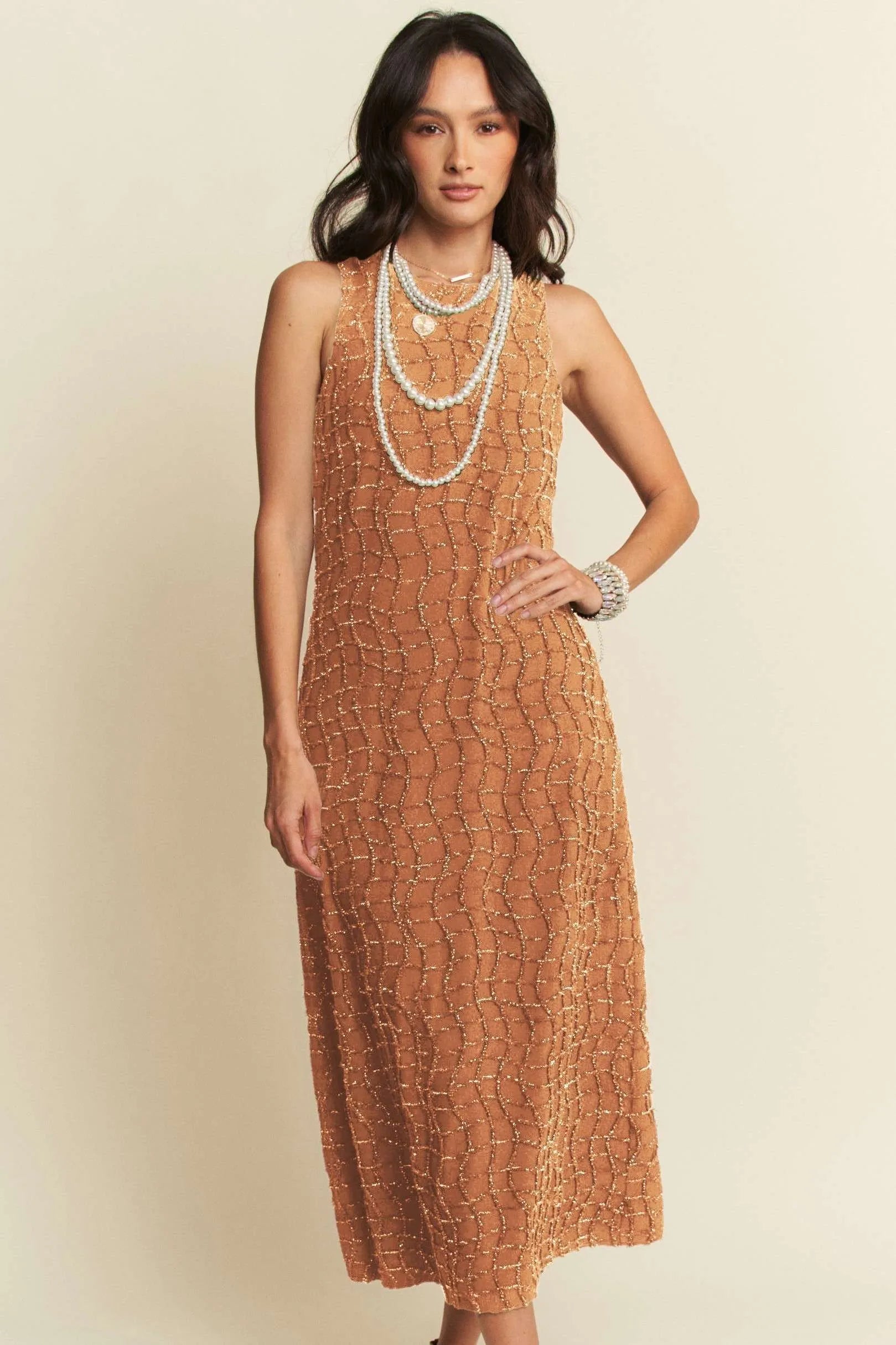 Davi & Dani Golden Textured Zippered Midi Dress Women - Dress - Casual