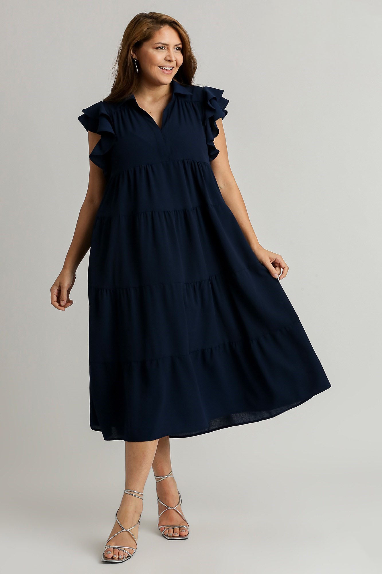 Umgee Full Size Johnny Collar Ruffle Cap Sleeve Tiered Dress Plus Size Casual Dresses