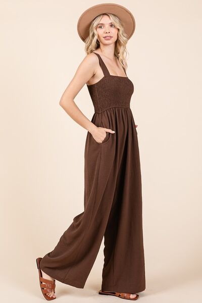 Mittoshop Smocked Wide Leg Overalls with Wide Straps Jumpsuits