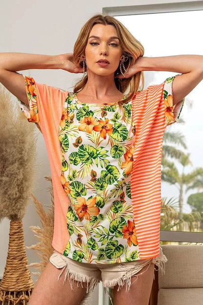 BiBi Floral W Stripe Color Block Dolman Sleeves Top - Shop Style & More | Fresh Looks, Everyday Deals & Free Shipping