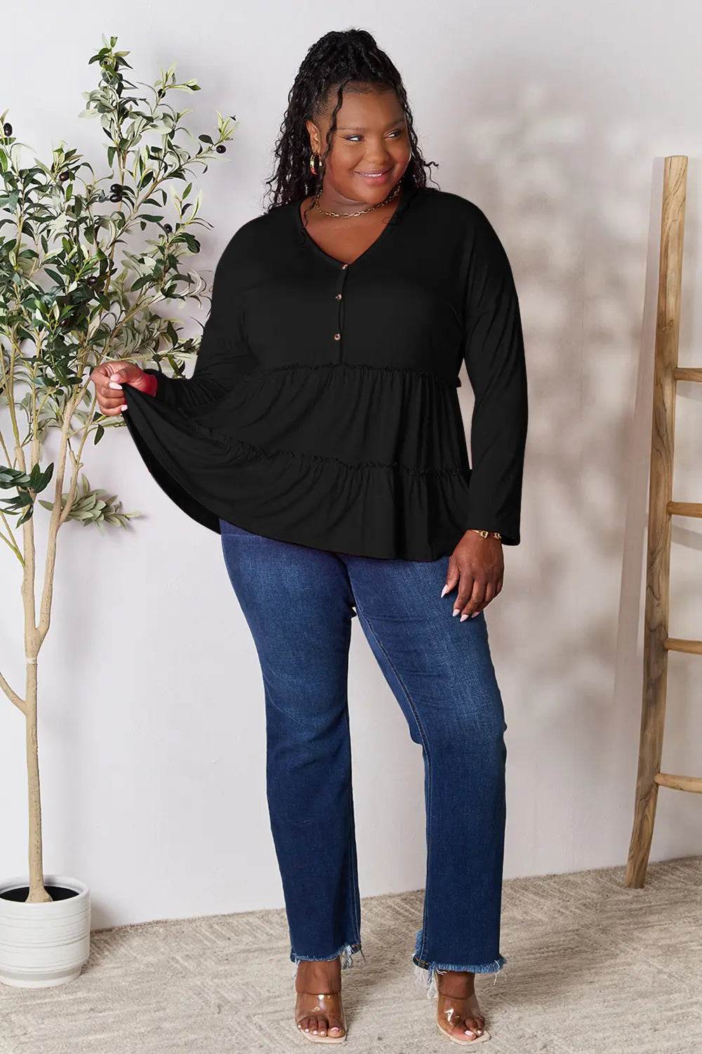 Double Take Half Button Long Sleeve Ruffle Hem Blouse - Shop Style & More | Fresh Looks, Everyday Deals & Free Shipping