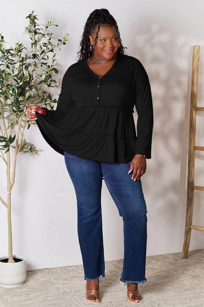 Double Take Half Button Long Sleeve Ruffle Hem Blouse - Shop Style & More | Fresh Looks, Everyday Deals & Free Shipping