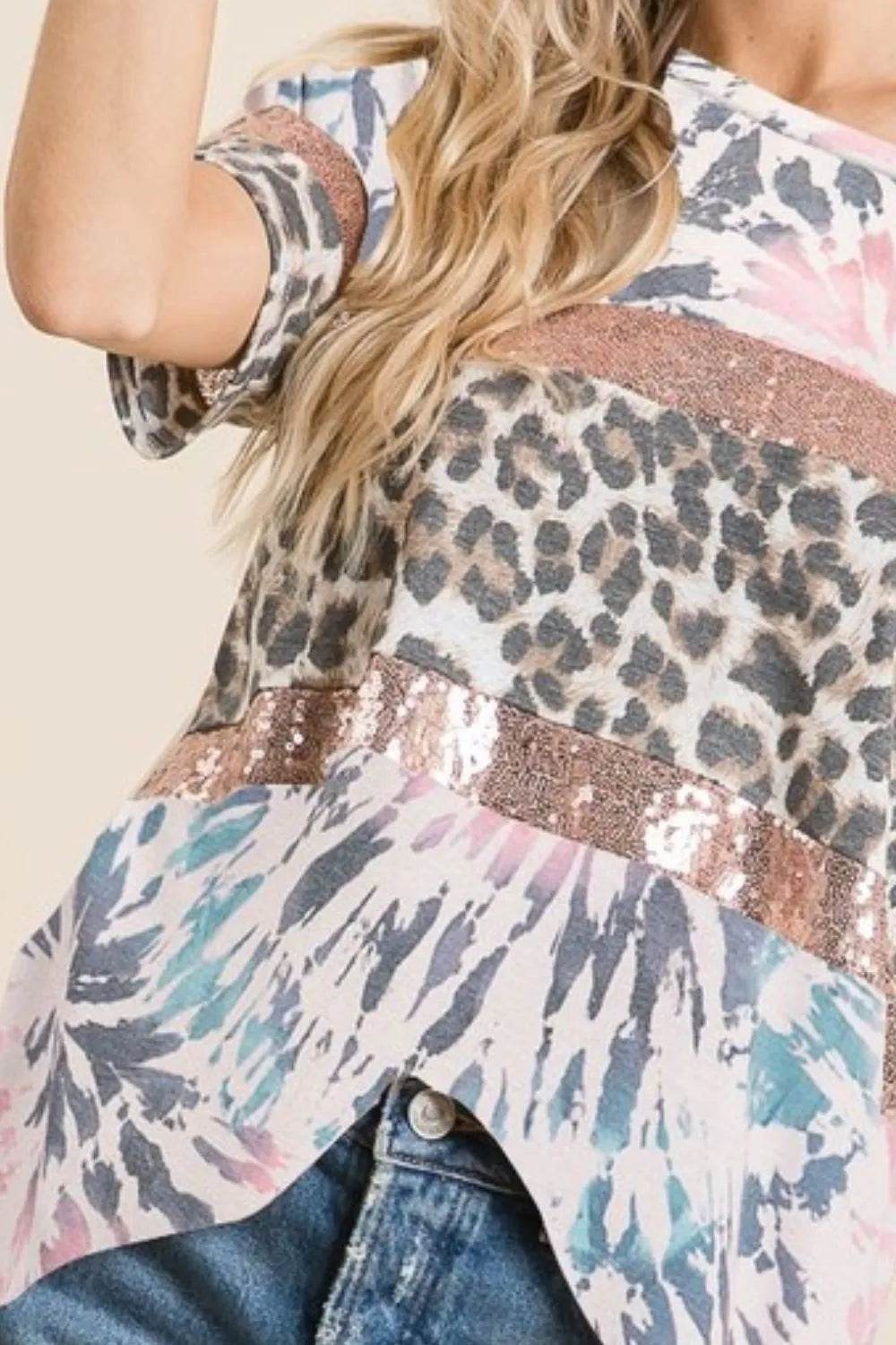 BiBi Tie Dye Terry Top with Leopard and Sequins Block - Shop Style & More | Fresh Looks, Everyday Deals & Free Shipping
