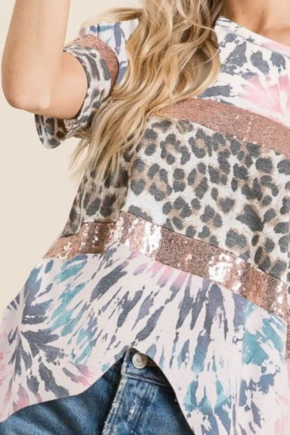 BiBi Tie Dye Terry Top with Leopard and Sequins Block - Shop Style & More | Fresh Looks, Everyday Deals & Free Shipping