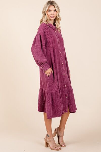 Mittoshop Mineral Wash Cotton Gauze Ruffle Midi Shirt Dress Casual Dresses