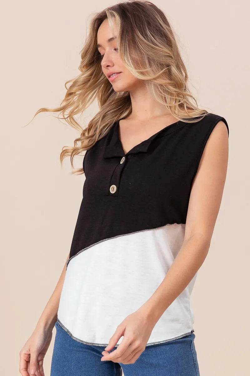 BiBi Color Block Contrast Stitching Buttoned Henley Top - Shop Style & More | Fresh Looks, Everyday Deals & Free Shipping