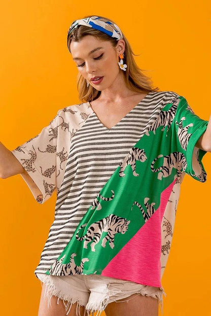 BiBi Tiger W Stripe Contrast Color Block V Neck Top - Shop Style & More | Fresh Looks, Everyday Deals & Free Shipping
