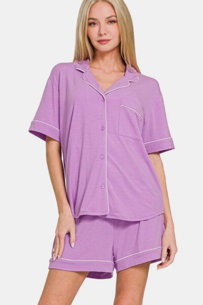 Zenana Button Down Short Sleeve Top and Shorts Lounge Set Heliotrope Purple Lounge Set