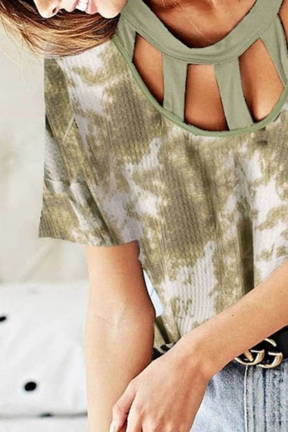 BiBi Tie Dye Print Waffle Top with Contrast Caged Neck - Shop Style & More | Fresh Looks, Everyday Deals & Free Shipping