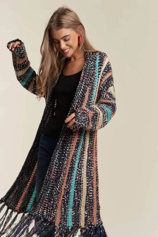 ADORA Multi Colour Sweater Long Cardigan with Fringes - Shop Style & More | Fresh Looks, Everyday Deals & Free Shipping