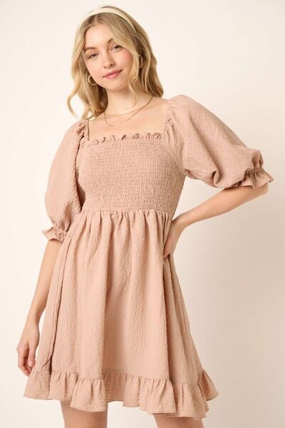 Mittoshop Smocked Ruffled Hem Half Sleeve Mini Dress Taupe Casual Dresses