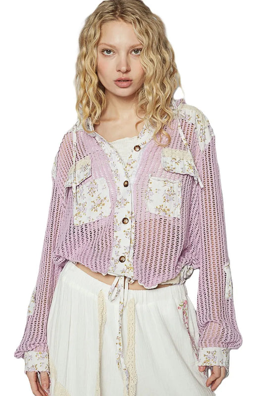 POL Vintage Washed Crochet Hoodie Jacket With Patchwork Women's Outerwear
