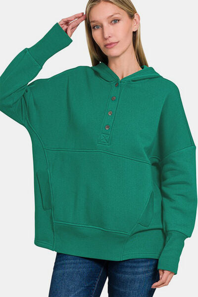 Zenana Half Snap Long Sleeve Hoodie with Kangaroo Pocket Dark Green Hoodies & Sweaters