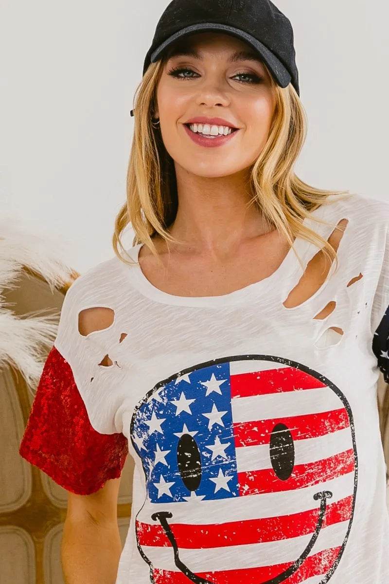 BiBi Fourth Of July Top With Laser Cut And Smile Face - Shop Style & More | Fresh Looks, Everyday Deals & Free Shipping