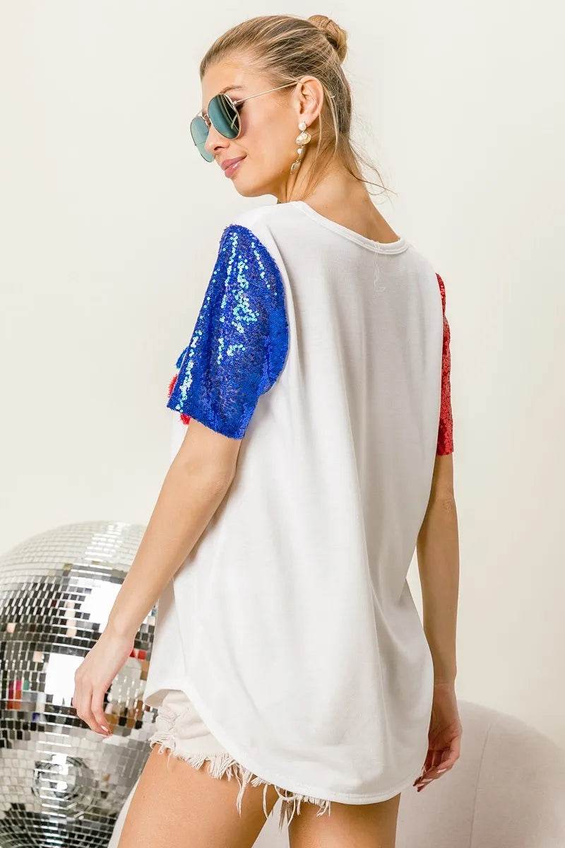 BiBi Metallic Letter V-neck Sequin Sleeves Top - Shop Style & More | Fresh Looks, Everyday Deals & Free Shipping