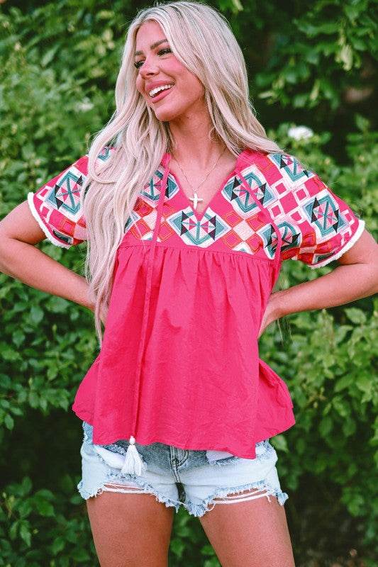 Zayla Embroidered Tassel Tie V Neck Blouse - Shop Style & More | Fresh Looks, Everyday Deals & Free Shipping