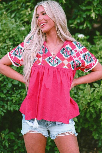 Zayla Embroidered Tassel Tie V Neck Blouse - Shop Style & More | Fresh Looks, Everyday Deals & Free Shipping