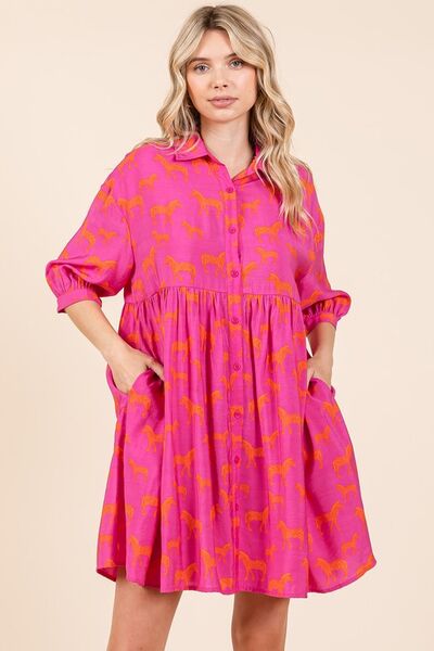 Mittoshop Zebra Print Button Down Shirt Mini Dress Hot Pink Casual Dresses