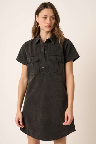 Mittoshop Button Detail Collared Neck Short Sleeve Shirt Dress Casual Dresses