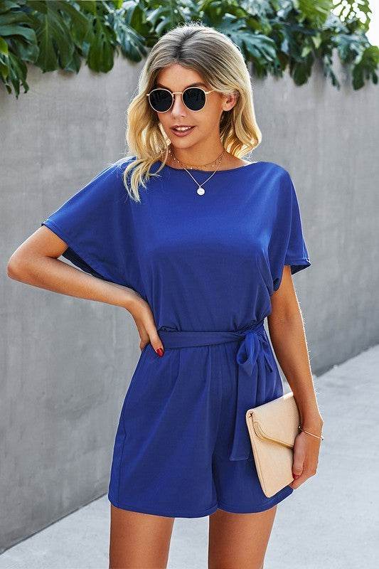 Boat Neck Short Sleeve Waist Tie Loose Romper - Shop Style & More | Fresh Looks, Everyday Deals & Free Shipping