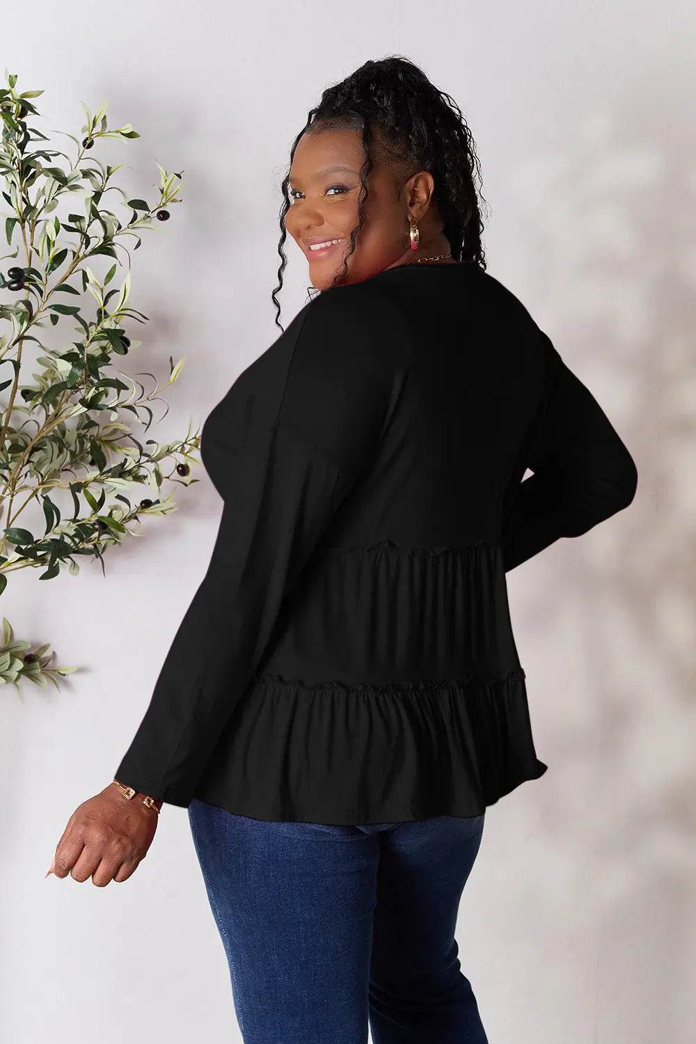Double Take Half Button Long Sleeve Ruffle Hem Blouse - Shop Style & More | Fresh Looks, Everyday Deals & Free Shipping