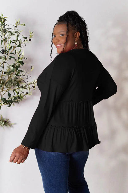 Double Take Half Button Long Sleeve Ruffle Hem Blouse - Shop Style & More | Fresh Looks, Everyday Deals & Free Shipping