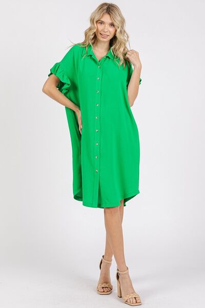 Mittoshop Button Down Flounce Sleeve Dress with Pockets Green Casual Dresses