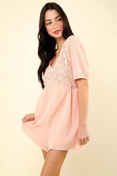 VERY J Lace Detail Puff Sleeve Romper with Pockets Blush Jumpsuits