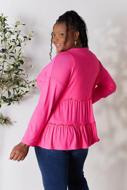 Double Take Half Button Long Sleeve Ruffle Hem Blouse - Shop Style & More | Fresh Looks, Everyday Deals & Free Shipping