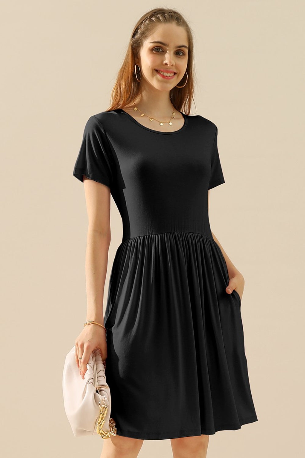 Ninexis Full Size Round Neck Ruched Dress with Pockets BLACK Cocktail Dresses