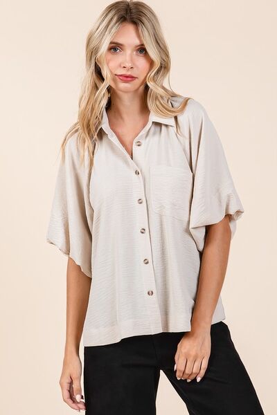 Mittoshop Airflow Short Bubble Sleeve Button Down Shirt Blouses