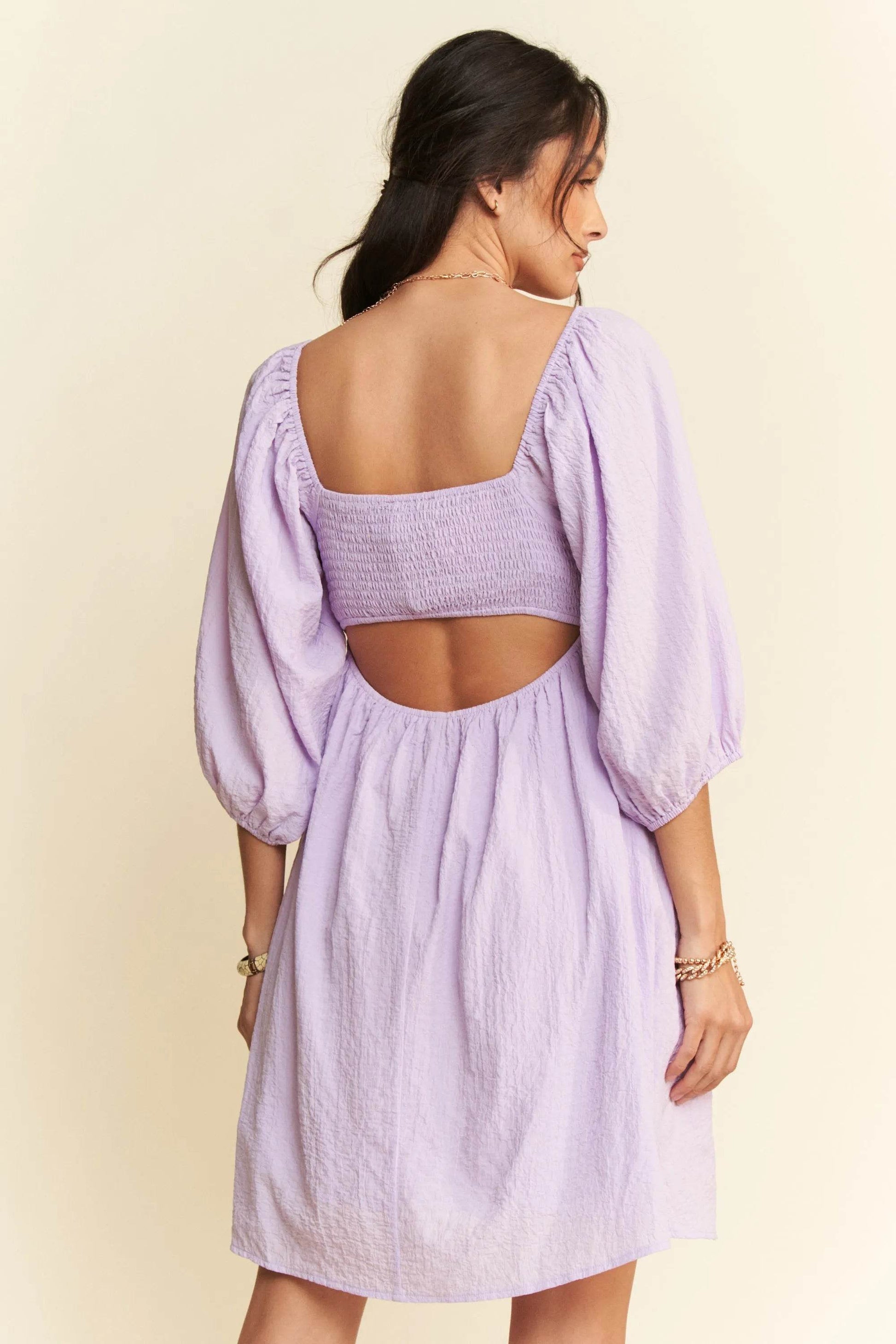 Davi & Dani Self-Tie Puff Sleeve Smocking Open Back Mini Dress - Shop Style & More | Fresh Looks, Everyday Deals & Free Shipping