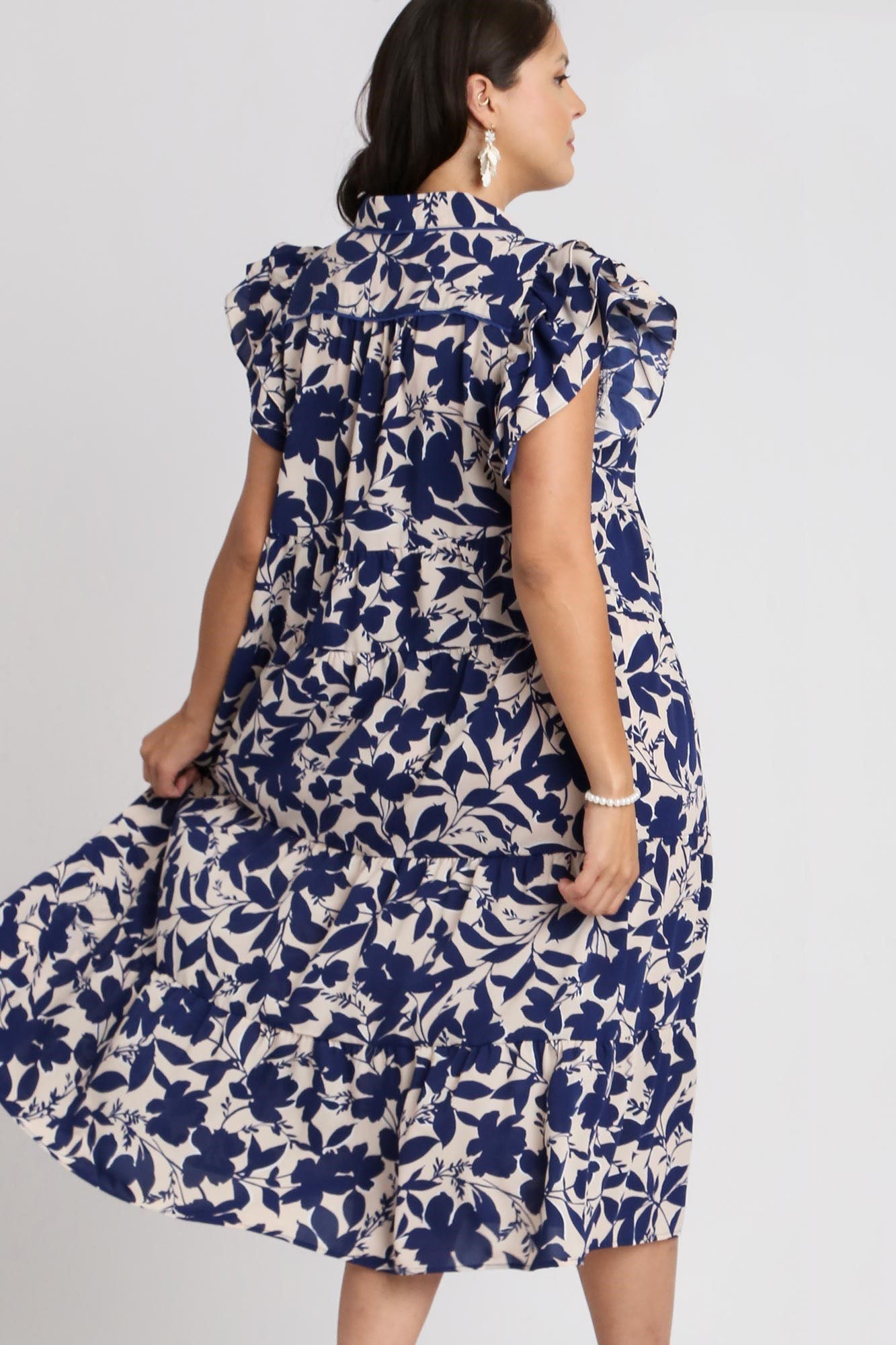 Umgee Full Size Floral Collared Ruffle Cap Sleeve Midi Dress Plus Size Casual Dresses