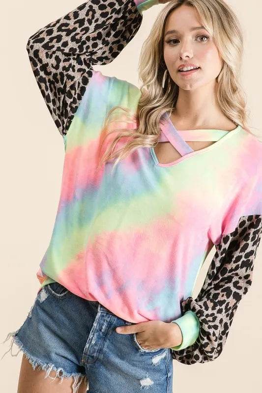 BiBi Tie Dye Terry Top with Leopard Puff Sleeves - Shop Style & More | Fresh Looks, Everyday Deals & Free Shipping