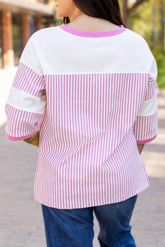 Aliyah Striped Patchwork 3/4 Sleeve Casual Top - Shop Style & More | Fresh Looks, Everyday Deals & Free Shipping
