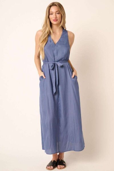 Mittoshop Cross Back Belted V Neck Tank Maxi Dress Casual Dresses