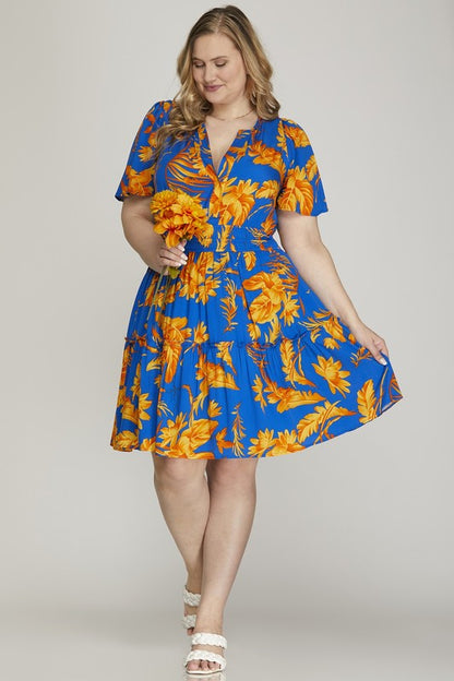 She + Sky Full Size Printed Notched Short Sleeve Frill Tiered Dress Plus Size Casual Dresses