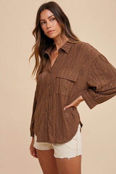 Annie Wear Openwork Button Down Drop Shoulder Shirt - Shop Style & More | Fresh Looks, Everyday Deals & Free Shipping