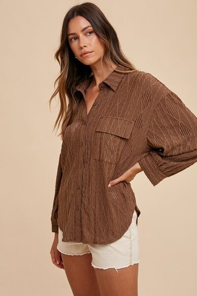 Annie Wear Openwork Button Down Drop Shoulder Shirt Brown Blouses