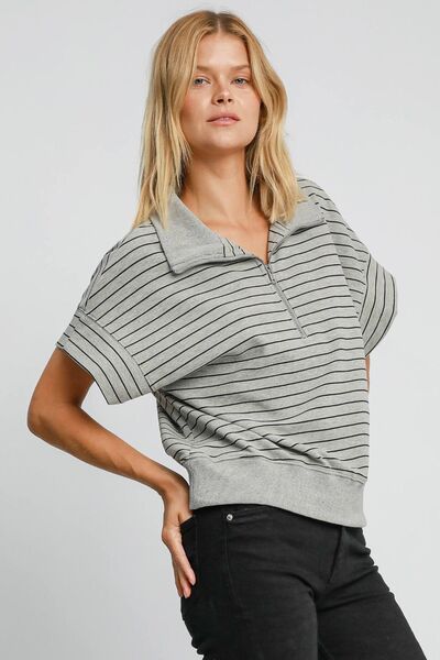 Umgee Striped Half Zip Short Sleeve Sweatshirt Hoodies & Sweaters